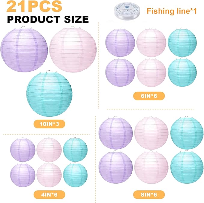21 Pcs Paper Lanterns Party Decorations, 4/6/8/10 Inch Round Chinese Hanging Paper Lanterns for Mermaid Theme Girl Birthday Party, Wedding, Baby Shower, Graduation, Classroom Ceiling Decorations