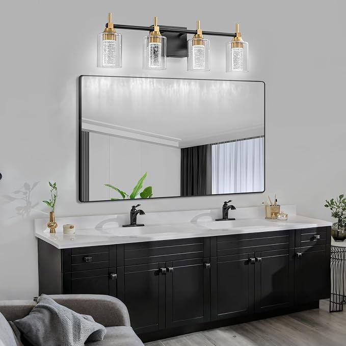 Vanity Light with 3 Color Modes (3000K/4000K/6000K), Eye Protection LED Bathroom Light Fixture, Dimmable Modern Wall Light Over Mirror with Clear Glass Shade (Black and Gold, 4-Light)