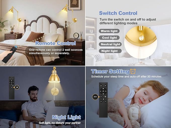 1 Pack Plug in Wall Sconce with Remote, Dimmable, Adjustable Colors, Swing Arm Wall Lamp, Plug in Wall Light with Timer & Night Light (Gold, with Bulb+Remote)