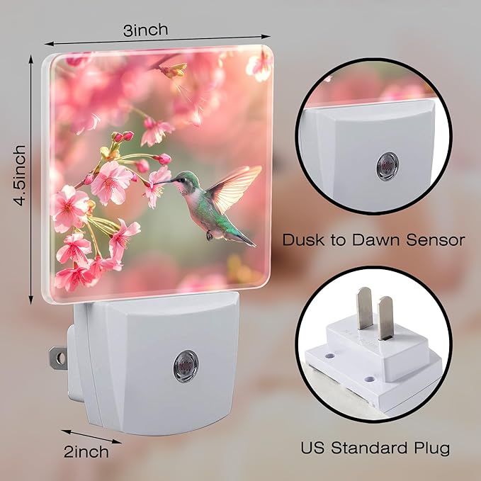 Hummingbird with Cherry Blossoms Night Light Plug into Wall, Pink Flowers Bird Dusk to Dawn Night Light Plug in,0.5w Energy Saving Sleep Friendly NightLight for Kids Boys Girls Home Decor
