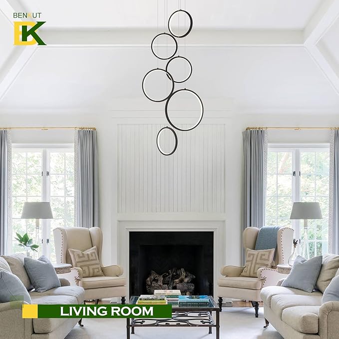 Modern LED Chandelier 6 Ring Black LED Pendant Light Adjustable Height Hanging Ceiling Light Fixture Dimmable Chandelier Ceiling Hanging for Foyer, Entryway (98.5in 3000K-6500K)