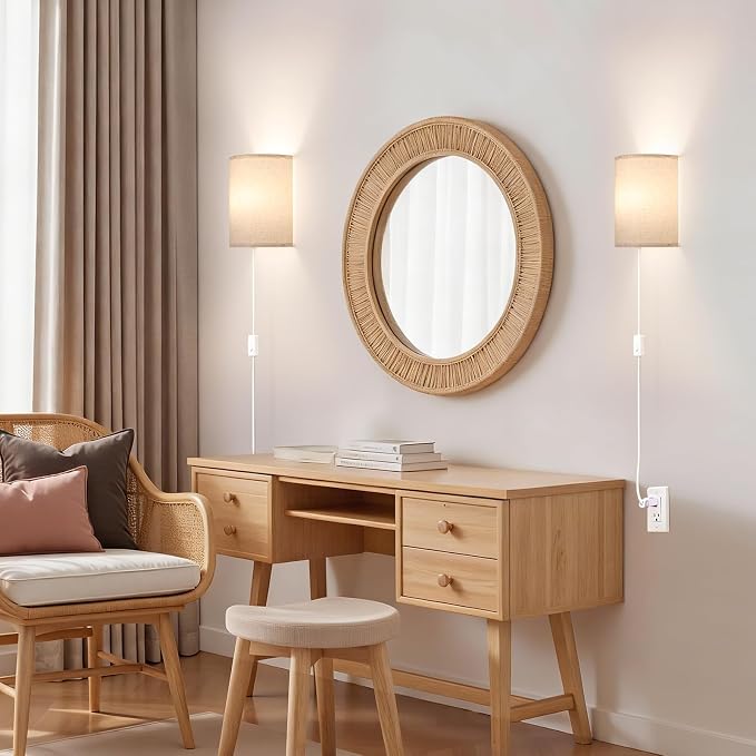 Shenmoyl Plug in Wall Sconces Set of Two Wall Lights with On/Off Switch - Stepless Color Temperature Wall Mount Lamps - Fabric Linen Wall Sconce for Bedroom Living Room - Indoor Corded Wall Sconces