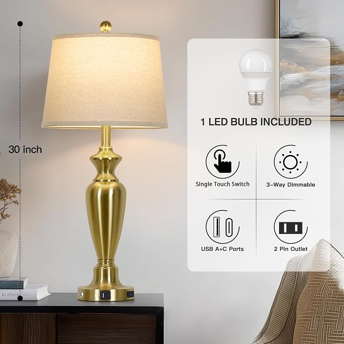 Gold Table Lamp for Living Room Single, 30″ Tall Touch Control Bedside Lamp for Nightstand, 3-Way Dimmable Bedroom Lamp with USB A+C Ports and AC Outlet (1 Pack)