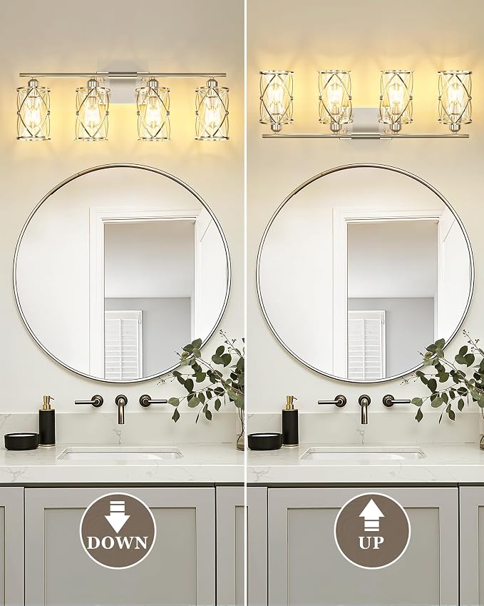 4-Light Brushed Nickel Bathroom Light Fixtures, 29 Inch Modern Bathroom Vanity Lighting Fixtures Over Mirror with Clear Glass and Metal Cage Wall Sconce Lights for Bath, E26, CH9176BN-4W