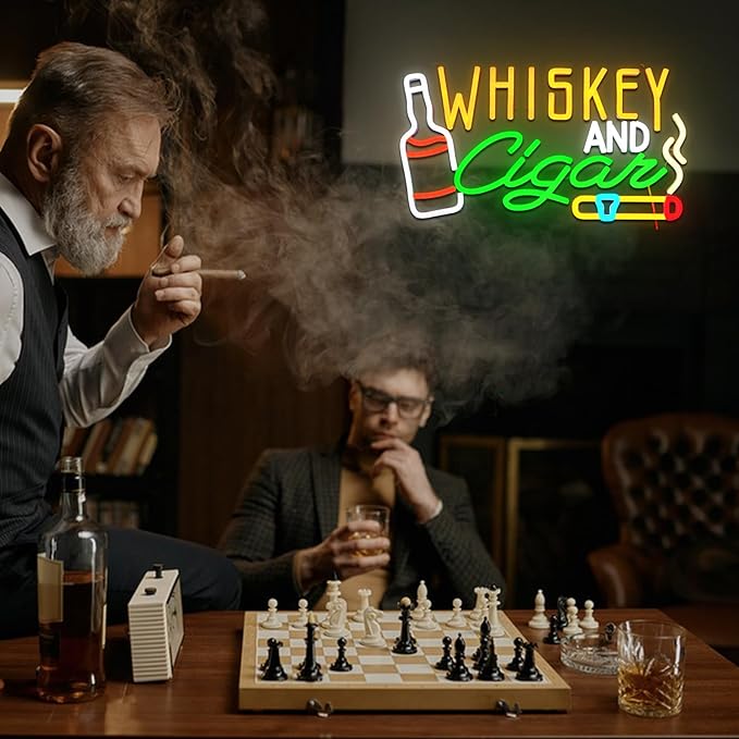 Whiskey Cigar Neon Sign for Wall Decor Dimmable Whiskey Bar Led Sign for Lounge Cigarettes Neon Light for Home Pub Beer Bar Man Cave Wine Cellar Hotel Bedroom Party Decor