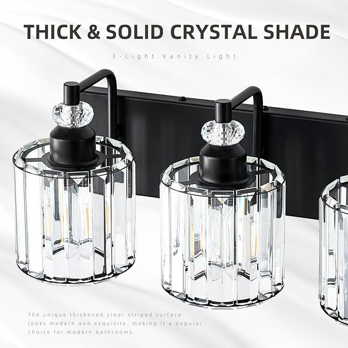 3-Light Black Bathroom Light Fixtures Over Mirror Modern Vanity Lights Crystal Wall Sconce Vintage Bathroom Lighting with Crystal Shade E26 Base for Bedroom, Living Room, Hallway