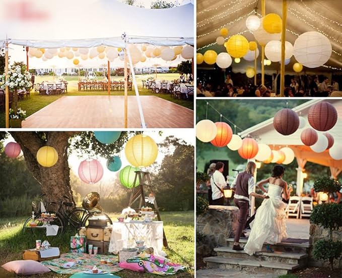 12pcs Yellow Paper Lanterns with 12pcs White LED Lights, 6" 8" 10" 12" Round Hanging Chinese/Japanese Ball Lantern for Easter Wedding Anniversary Birthday