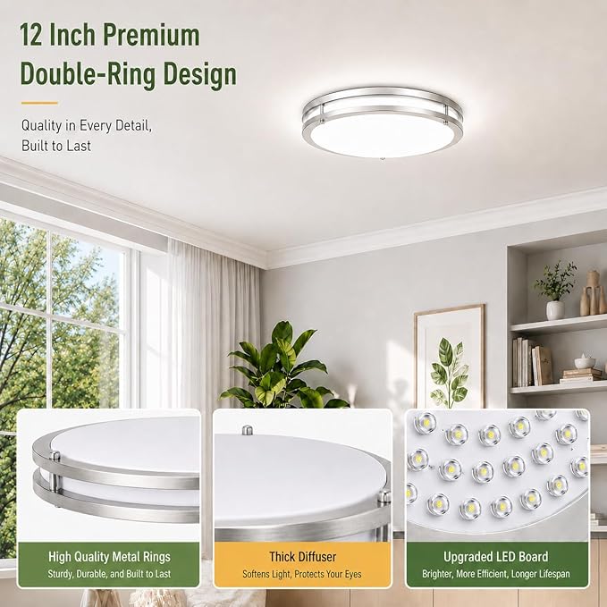 12inch 36W LED Flush Mount Ceiling Light Fixtures (450W Equiv), 3600LM Modern Dimmable LED Ceiling Lights, 2700K-6500K 5CCT Adjustable Brushed Nickle Ceiling Lamps for Living Room Kitchen,1 Pack