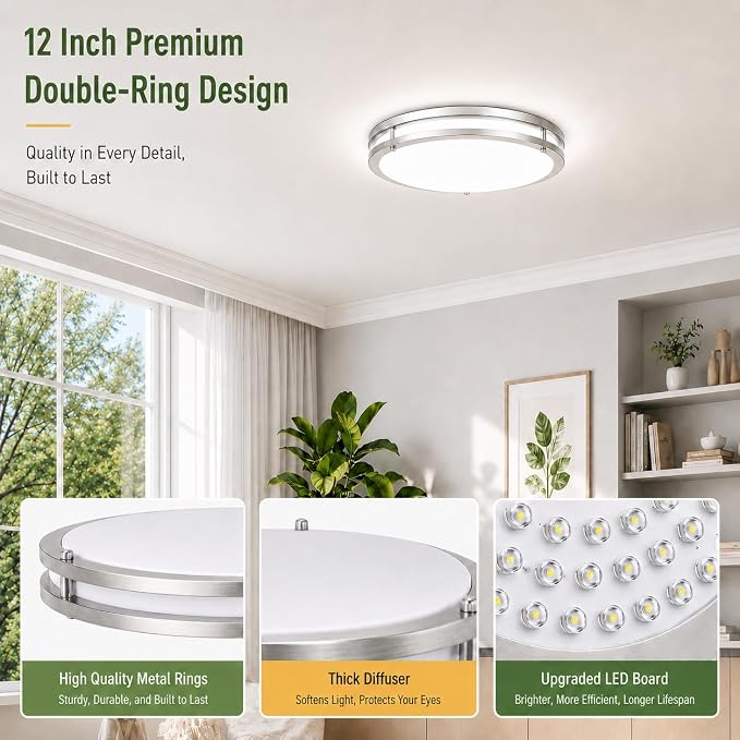 2-Pack 36W Dimmable LED Ceiling Light Fixtures Super Bright 3600LM, 12in Modern Flush Mount Ceiling Light, 2700K/3000K/4000K/5000K/6500K Adjustable Brushed Nickel Ceiling Lamp for Living Room Bathroom