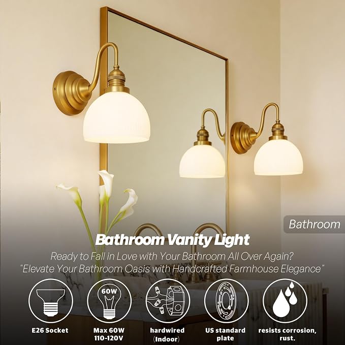 Brass Gold Wall Sconce Vintage Milk Glass Bathroom Vanity Light | Bathroom Wall Sconces,Antique Brass,Thick Half-Round Glass Shade,Hardwired,E26 Base,for Bathroom Mirror Hallway Kitchen