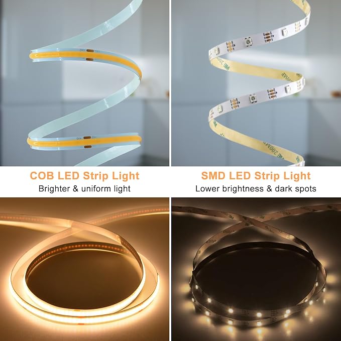 Battery Powered COB LED Strip Lights 6.6Ft 640 LED Dimmable Light Strip | Cuttable Flexible LED Tape Light for Bedroom Dormitory Tent TV Under Cabinet DIY Lighting (Warm White 2700k)