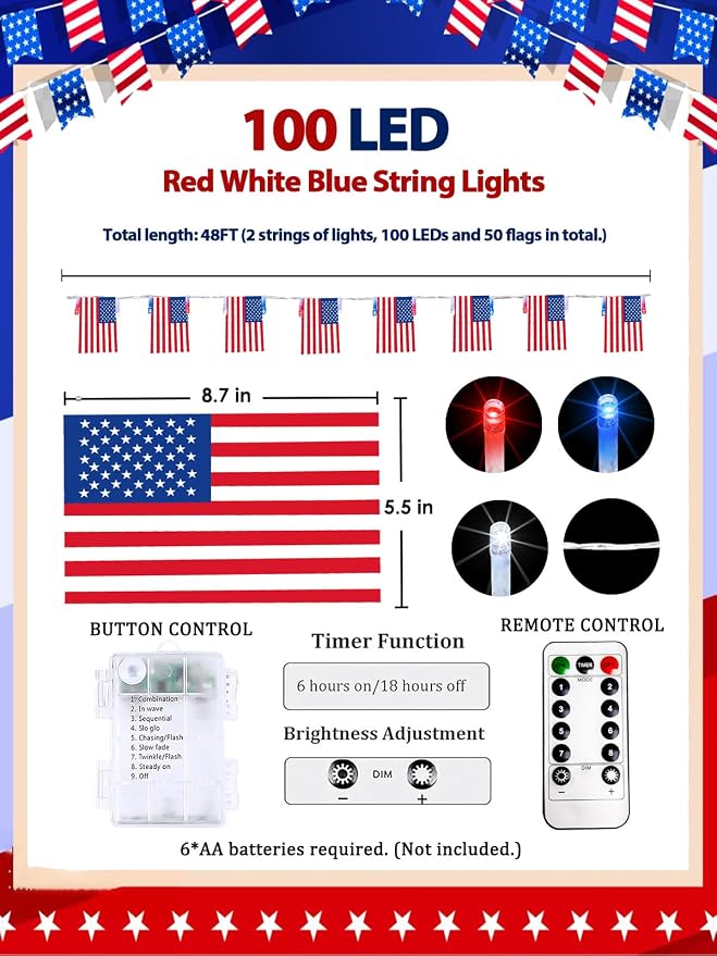 4th of July Lights 2PK Red White and Blue Battery String Lights with Flags | Total 48FT 100 LED wiht 50 American Flags, 8 Modes & Timer, IP44 Waterproof Patriotic Fairy Lights for Independence Day Decor