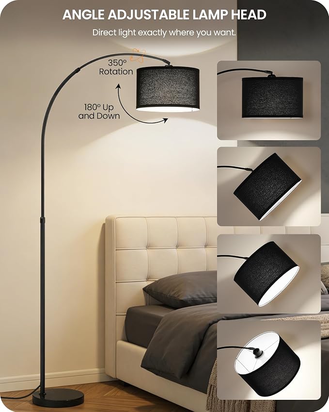 75" Arc Floor Lamp with Marble Base and Adjustable Height, Rotating Hanging Shade, Dimmable Floor Lamp for Living Room with Remote and Foot Switch, 3 Color Temperature, Black B15LD05