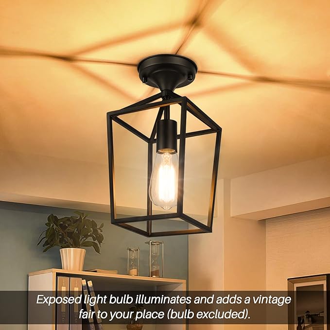 2-Pack Farmhouse Semi Flush Mount Ceiling Light Fixtures, Black | Rustproof Metal Frame, Industrial Open Design, Easy to Clean, E26 Bulb Compatible, Ideal for Hallway, Entryway & Laundry