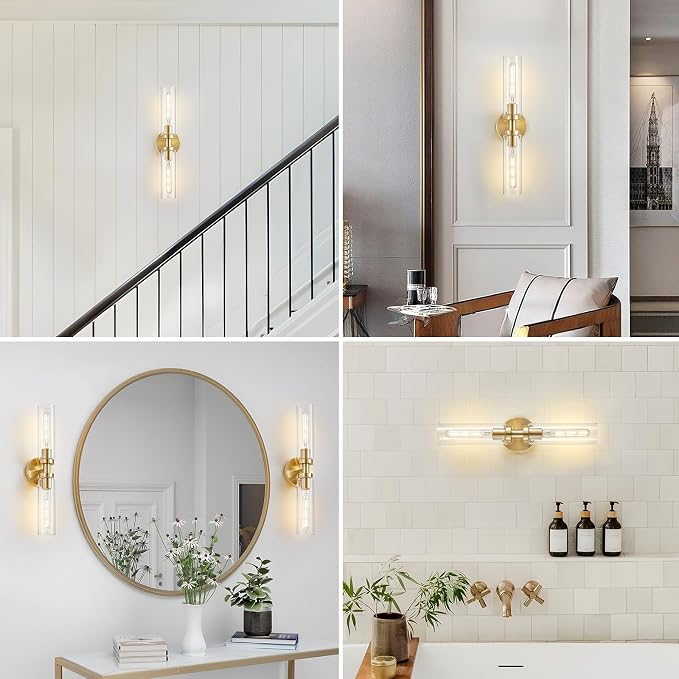 Lanhall 2-Light Brushed Brass Gold Bathroom Light Fixtures Over Mirror Modern Vanity Light Wall Lighting with Clear Glass Shade for Bathroom, Bedroom, Hallway, Cabinet