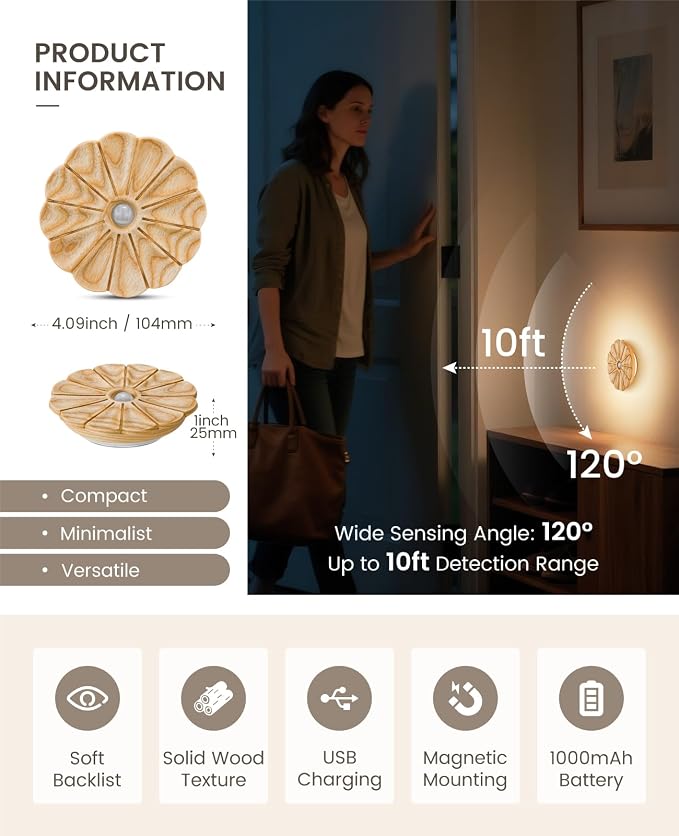 Rechargeable Motion Sensor Light Indoor, Wood Flower Night Light, Magnetic | Warm White 3000K, Ash Wood Flower USB Rechargeable Light, Wireless Lighting for Hallway Bedroom Kitchen , Magnetic Stick-on
