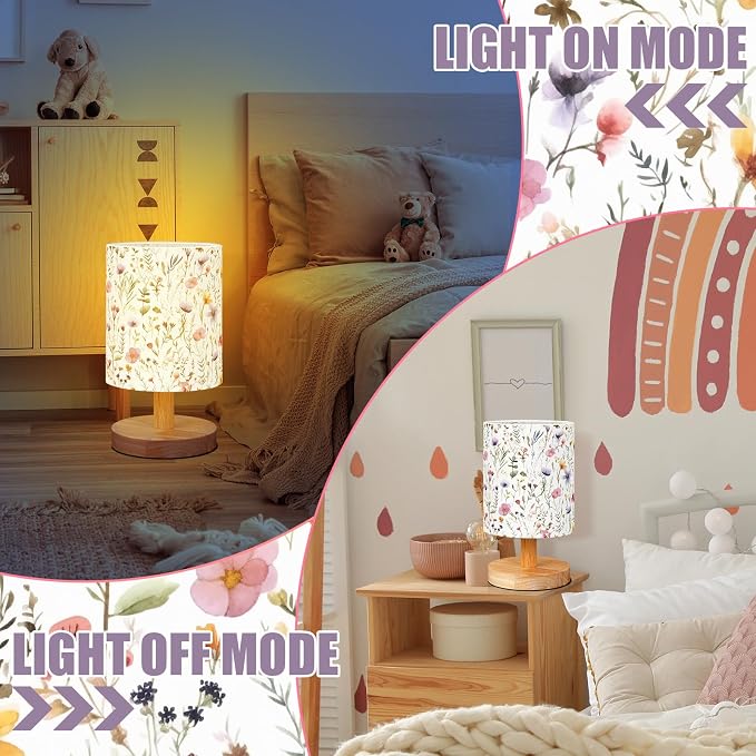 Wildflower Kids Table Lamp for Bedroom Kids Bedside Lamp with Linen Wooden Nightstand Cartoon Nursery Lampshade for Girls Boys Living Room