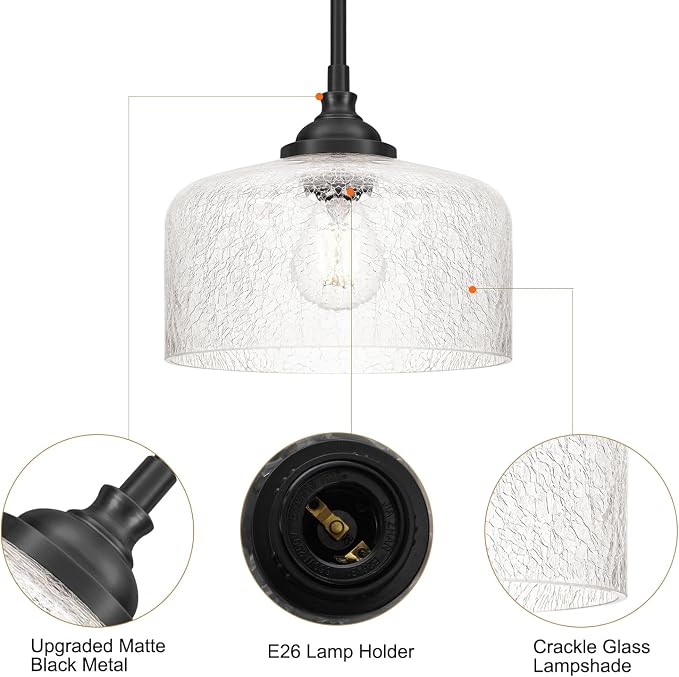 Black Vintage Pendant Lights Kitchen Island, Farmhouse Pendant Lights With Cracked Glass, Adjustable Hight & Angle Bathroom Hanging Lights Fixtures For Home Bedroom Hallway,Dining Room,E26 Socket