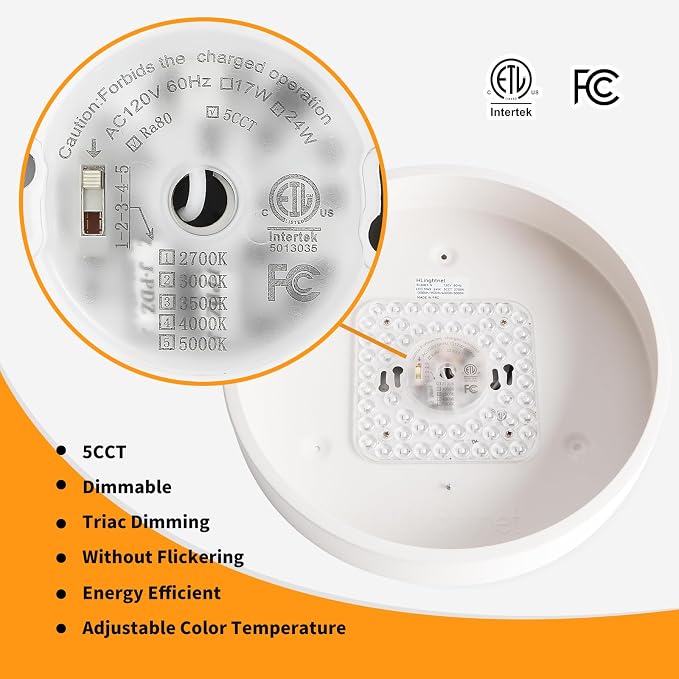 Flush Mount Ceiling Light Fixtures White LED Dimmable 5CCT 12In 24W 2Pack | 2700K, 3000K, 3500K, 4000K, 5000K, Iron Construction, IP40, For Bathroom, Bedroom, Kitchen, Entryway, Closet & Hallway, ETL