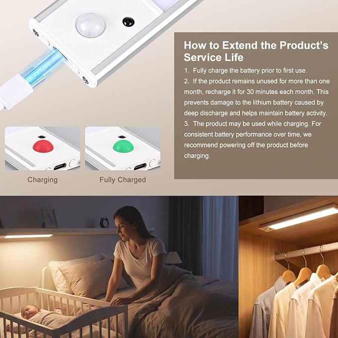 12 Inch Under Cabinet Lighting, 2 Pack USB-C Rechargeable Motion Sensor LED，Magnetic Wireless Mount,3 Color Temperature， Battery Powered for Kitchen, Wardrobe, Hallway, Stairs