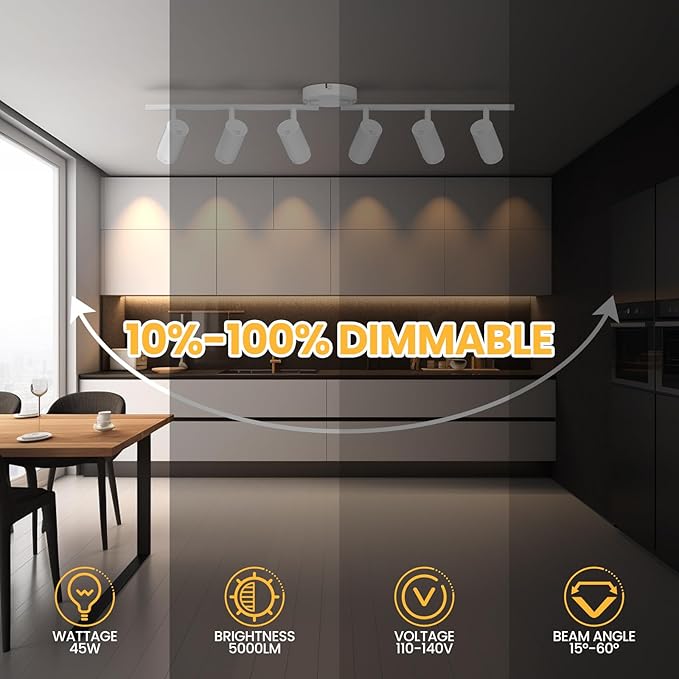 5-Color Zoomable 6 Light Track Lighting Fixtures Ceiling for Kitchen, Dimmable LED Track Lighting Kit, Ceiling Spotlight Flush Mount Adjustable Directional Spot Lights Indoor, CRI90 45W, White