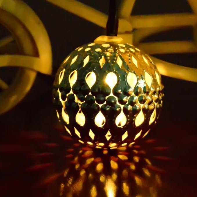 Hann LED Solar Globe String Lights, 12ft 10 LEDs Moroccan Orb Ball, Waterproof Ambiance Lighting, 3000K Warm White, Starry Fairy Lights for Outdoor Garden Yard Patio Party Christmas Party