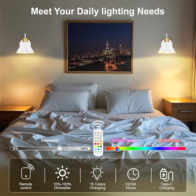 Frideko Rechargeable Battery Operated Wall Sconces Set of Two with Remote, RGB 15 Colors Dimmable White Wall Light, Indoor Battery Powered Wireless Sconce with 4 Timer for Living Room Bedroom