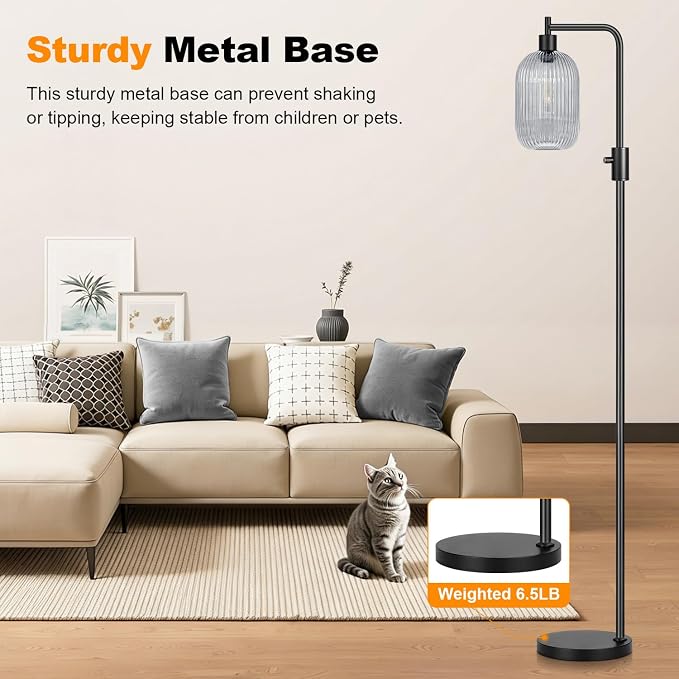 【Upgraded】 Dimmable Floor Lamp for Living Room with Gray Ribbed Glass Lampshade, Black Modern Floor Lamp with 900LM LED Bulb Included, Arc Standing Tall Lamp for Bedroom, Office, Reading Room, Corner