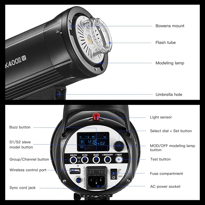 Godox SK400II-V 400Ws Photo Studio Strobe Flash Monolight Light with Bowens Mount & 10W LED Modeling Lamp for Studio, Shooting, Location and Portrait Photography (SK400II Upgraded Version 110 to 120V)