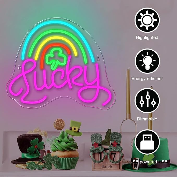 Lucky Clover Neon Signs Leaf Wall Light for St. Patrick's Day Party Decor | 14.17IN*12.6IN,Five level brightness adjustment,USB powered,For Bar,Club,Pub,Living room,Bedroom,Restaurant,Beach Bungalow