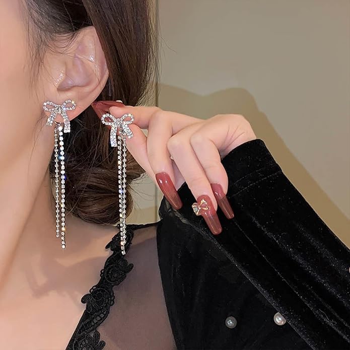 Luxval Rhinestone Earrings Dangling for Women Sparkly Silver Dangle Earrings Girls Long Chandelier Earrings Tassel Lightweight Ear Studs Cubic Zirconia Crystal Statement