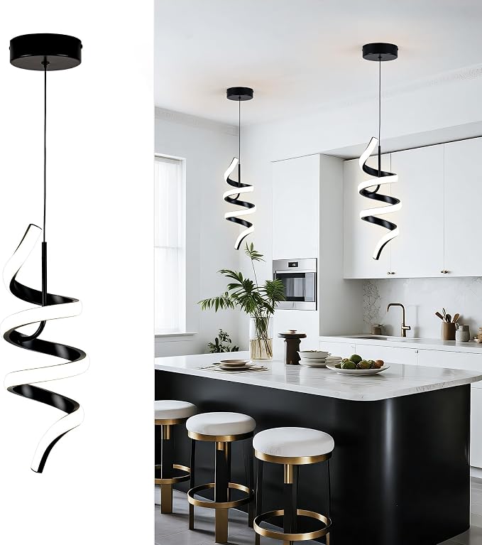MAYNA Spiral Modern Pendant Light, 4000K Natural White LED Pendant Lights Kitchen Island, 11W Adjustable Height Island Lights for Kitchen Bedroom Dinning Room Living Room, 1 Pack (Black)