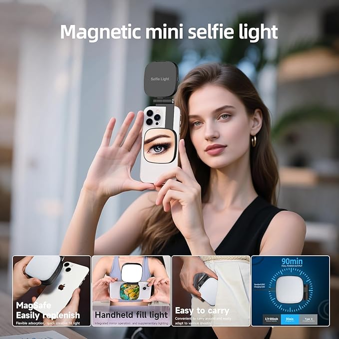 Magnetic Selfie Light Compatible for MagSafe iPhone, CRI 95+ 700lx/0.3m Folding LED Phone Fill Ring Lighting with Full Mirror for Zoom Makeup Photography Recording Video Conference TikTok (M27-Black)