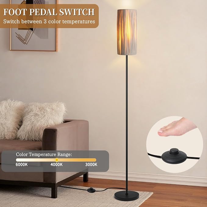 Ruiever Floor Lamp for Living Room,Rattan Boho Floor lamp,Modern Standing lamp with Hand-Worked Woven Shade (Hand Woven Shade-3 Color Bulb)