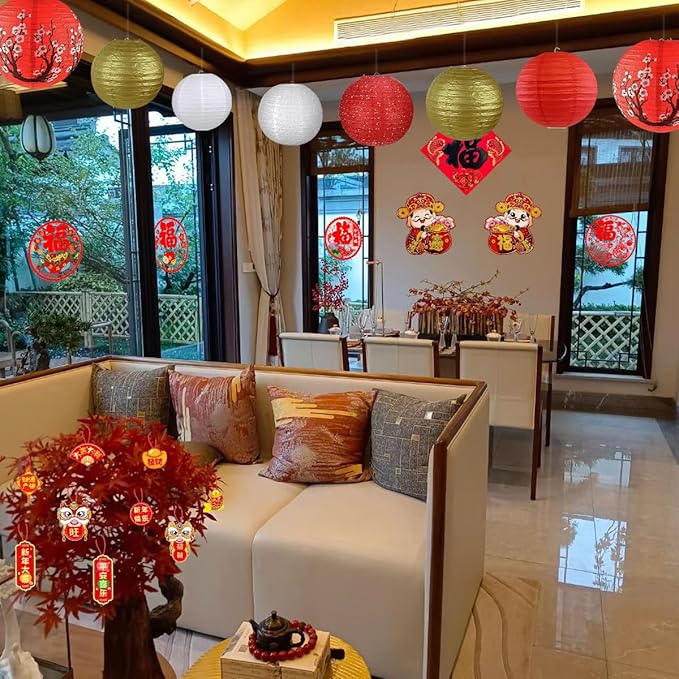 14Pcs Chinese Japanese Paper Lantern Assorted Sizes (8" 10" 12") Hanging Red White Gold Chinese Lanterns for Lunar New Year Chinese New Year Decorations 2026 Japanese Party Decorations