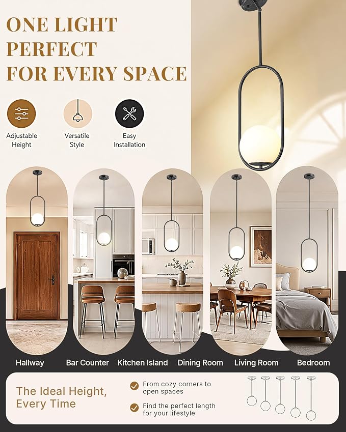 Majade Pendant Lights Kitchen Island, Mid Century Modern Pendant Light Fixtures, Black Globe Glass Pendant Lighting, Chandelier Adjustable Hanging Light for Dining Room Bathroom Bedroom