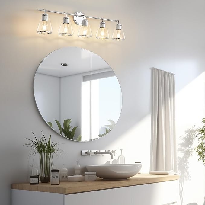 Bathroom Vanity Light 5 Lights Modern Vanity Lighting Fixture for Bathroom 38.5" Large Vanity Lights with Clear Glass Shade Polished Nickel Bath-Room Lighting Fixtures Over Mirror Wall Sconces