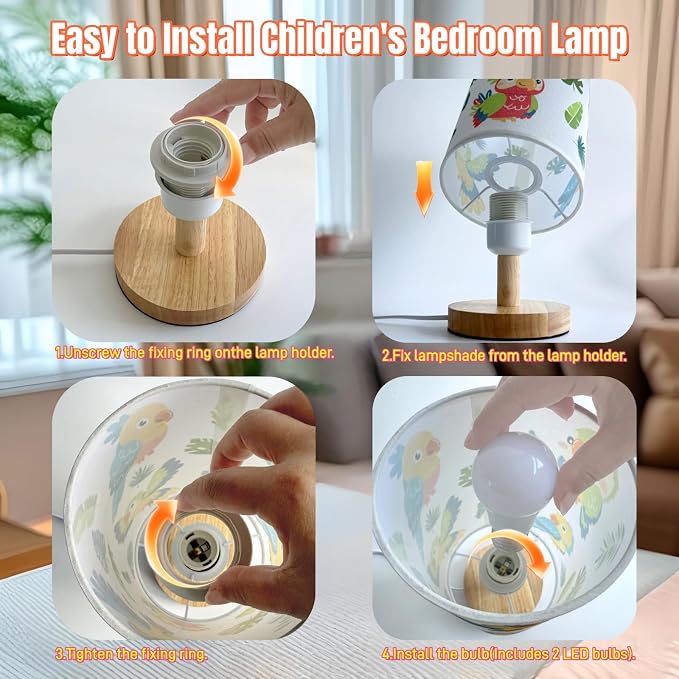 Bird Kids Table Lamp for Bedroom,Kids Bedside Lamps 3 Colors Wooden Base Nightstand Night Light with Cartoon Flaxen Fabric Shade Desk Lamp for Girls Boys Room Nursery Decor,Birds Gifts for Boys Girls