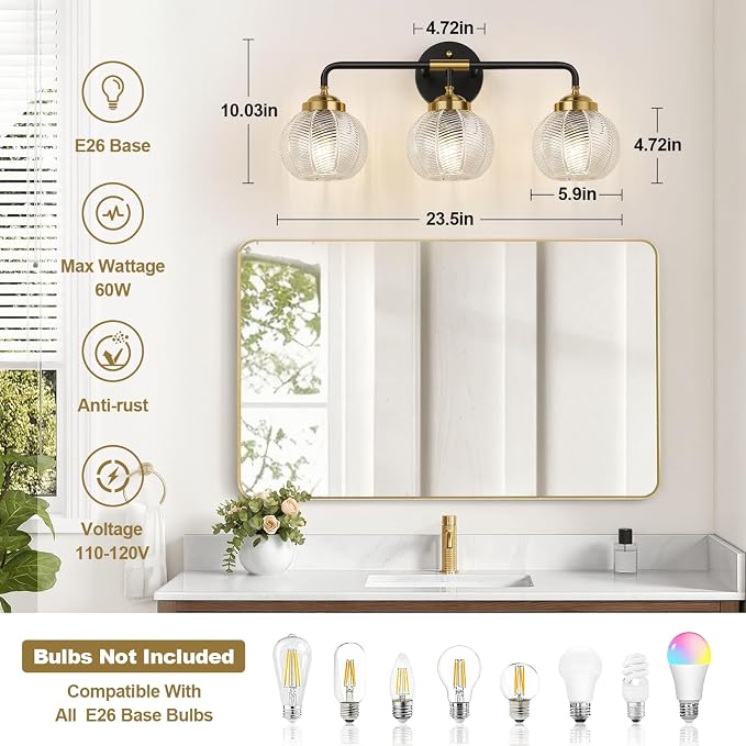 MOKATNG Bathroom Light Fixtures, 3-Light Clear Vanity Lights with Unique Leaf Texture Glass Shade, Modern Matte Black and Gold Bathroom Wall Lamp for Mirror Hallway Cabinet Living Room
