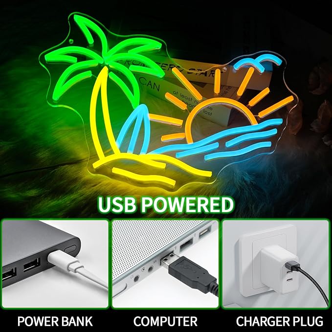 Tropic Neon Sign for Wall Decor Dimmable Coconut Tree Led Light Signs Summer Beach Neon Signs for Hawaii Shop Neon Light for Bar Bedroom Cafe Tiki Bar Party Decoration
