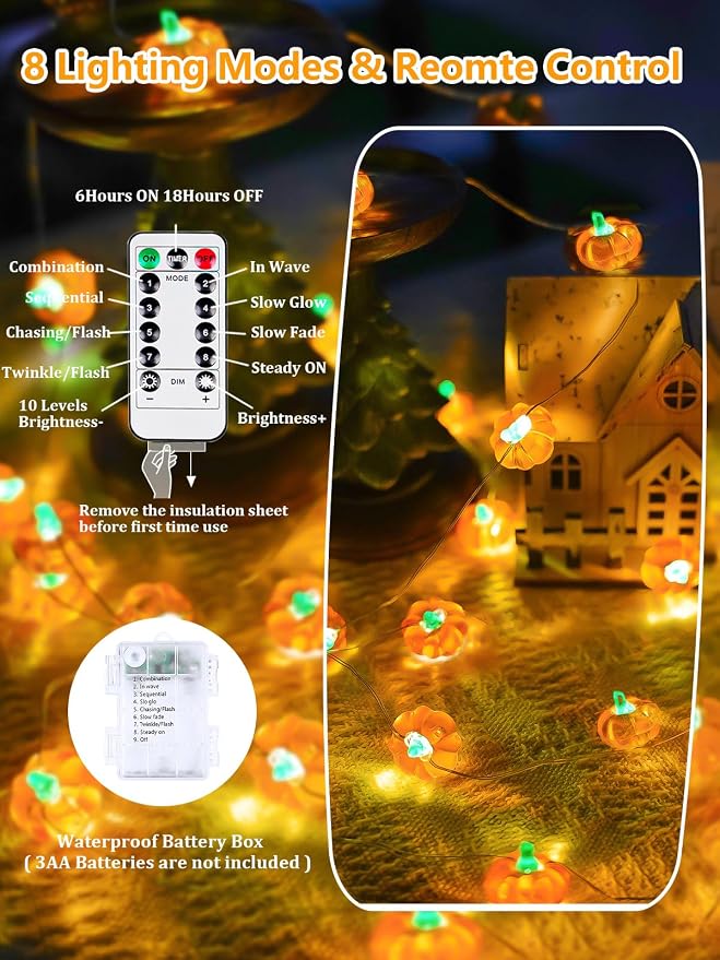 Fall Decor 10FT 3D Pumpkin Fairy Lights Battery Operated With Remote Orange | 30 LED, 8 Modes & Timer, IP44 Waterproof Twinkle Fall String Light for Indoor Outdoor Autumn Halloween Thanksgiving Decor