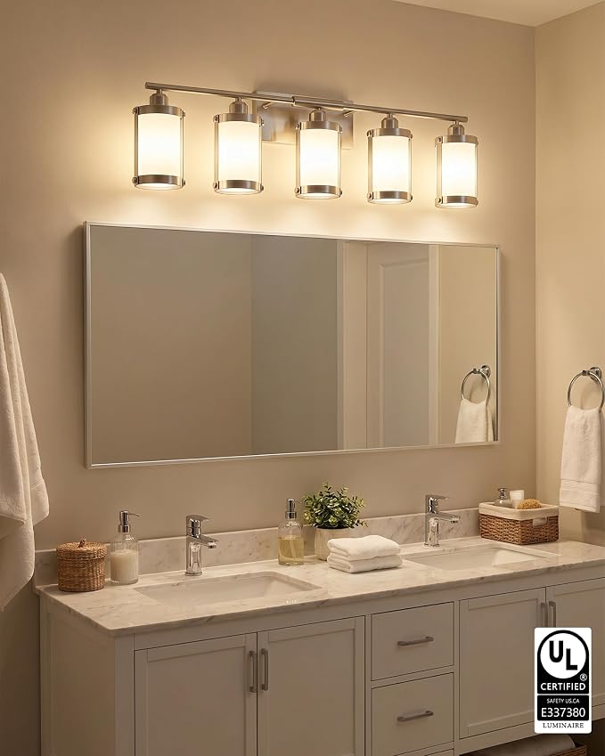 5-Light Brushed Nickel Bathroom Light Fixtures Over Mirror with Frosted Milk Glass and Metal Cage Shade, 38" UL-Listed Modern Farmhouse Wall Sconce for Bath, Hardwire E26, OS-3014BNW-5W