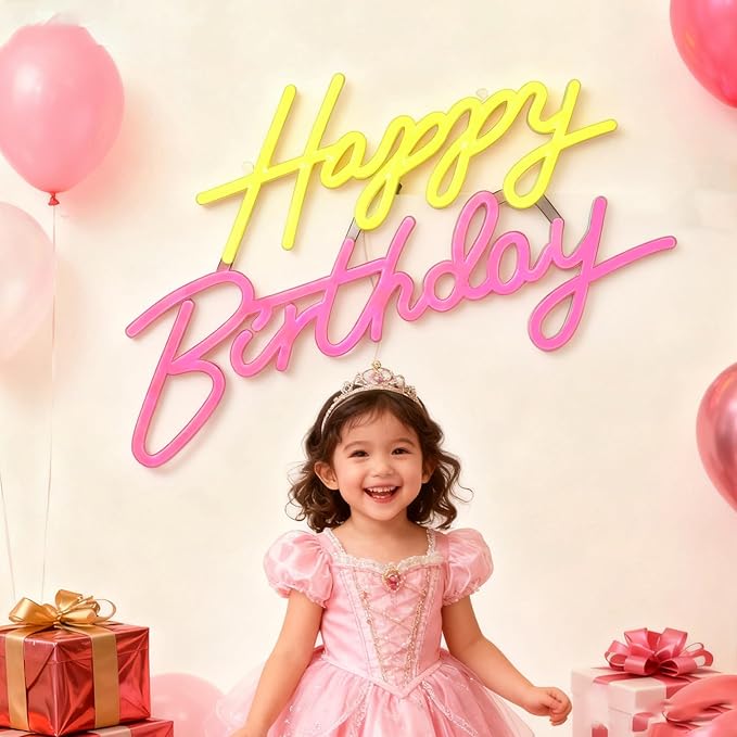 Happy Birthday Neon Sign, Neon Sign for Wall Decor, USB Powered Dimmable Neon Light, LED Happy Birthday Light Up Sign for Party, Perfect for Backdrop Birthday Party Decoration, Yellow and Pink