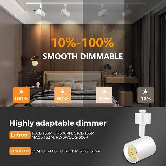 VANoopee 5-Color J Type Track Lighting Heads Dimmable, White, Pack of 6 | LED Track Light Heads Bright Rail Ceiling Spotlight Fixtures Accent Task, 2700K-6000K, Flicker Free CRI90+ 24° 10W 800lm