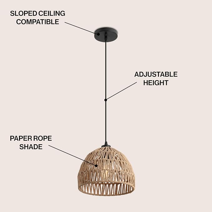 JONATHAN Y Campana 1-Light Pendant Dome Ceiling Lamp, 10.25", Brown | Modern Coastal Farmhouse Decor, Adjustable Height, Woven Rope Metal Frame, LED Bulb Included, UL Listed