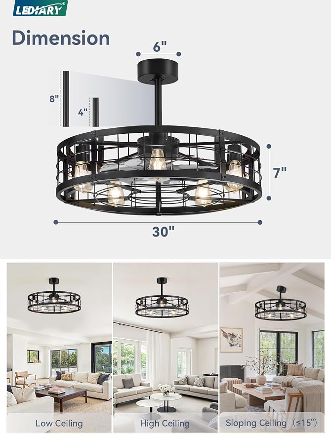 LEDIARY 30 inch Fandelier Caged Ceiling Fan with Light and Remote, Black | 6 Speed Adjustable,Timing, Quiet & Powerful DC, Large, Farmhouse, Industrial, Enclosed, Bladeless, Bedroom, Kitchen, Downrod