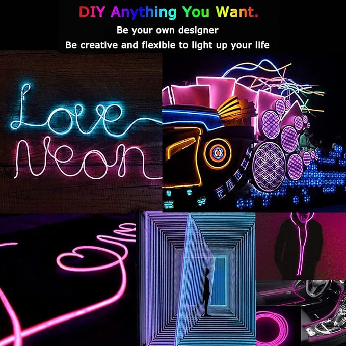 JIGUOOR EL Wire Battery Pack 16.4ft / 5m Bright Neon Light Strip 360° Illumination Neon Tube Rope Lights for DIY, Festival, Party Decoration, Pub, Halloween, Chrismas (16.4ft / 5m, Pink)