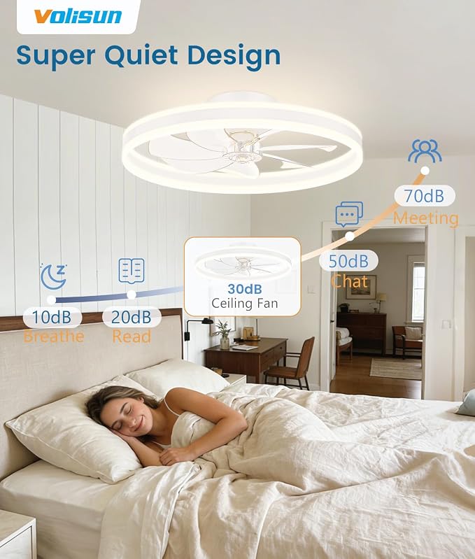 VOLISUN Low Profile Ceiling Fans with Lights and Remote, 27.6in Flush Mount Ceiling Fans with Light, 3000K-6500K Dimmable Fandelier LED Fan Light, White Bladeless Ceiling Fans with Lights for Bedroom