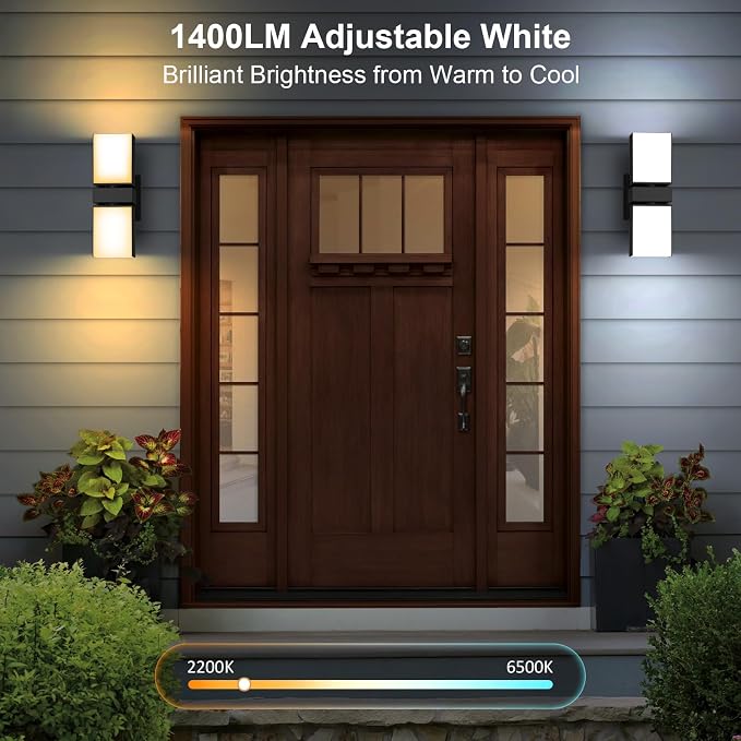 XMCOSY+ Smart Outdoor Wall Lights, 1400LM RGBCW Porch Lights 2-Pack | Smart App Control, Alexa Compatible, Color Changing Warm & Cool White, IP65 Waterproof 350° rotating dual heads Wall Sconce