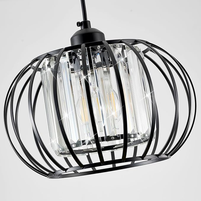 Black Pendant Light Fixture, Farmhouse Hanging Lights with Crystal, Adjustable Mini Kitchen Pendant Light, Modern Industrial Metal Wire Caged Hanging Pendant Lamp for Living Room, Bedroom